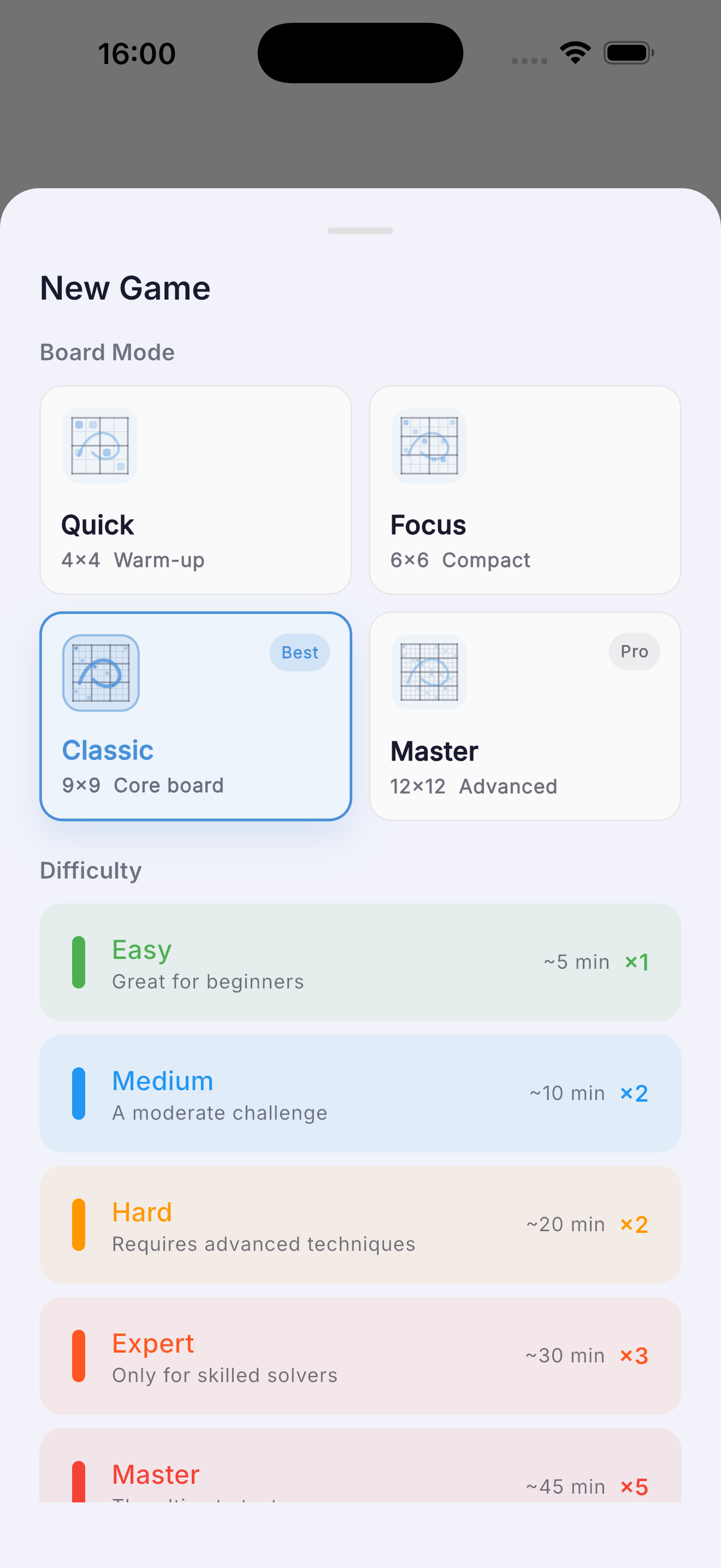 SudoZen New Game sheet with board modes and difficulty selection